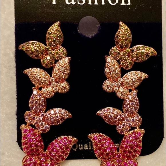 Pink Butterfly Rhinestone Stud Earrings - Picture 1 of 1